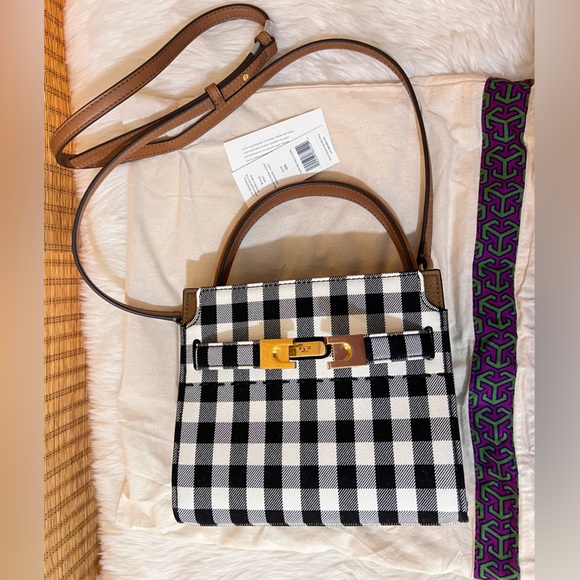 NWT Tory Burch Lee Radziwill gingham petite double bag BLACK/NEW IVORY GINGHAM - Picture 4 of 8